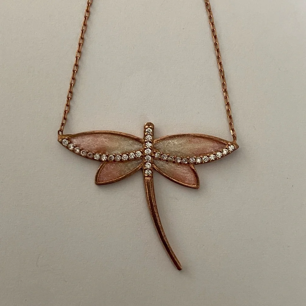 925 Silver pink dragonfly enamel cz stones necklace 14K rose gold plated